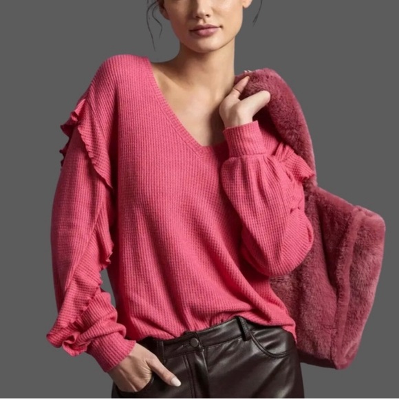 Anthropologie Tops - 🌺 Anthropologie Pilcro Waffle Knit Wide V-Neck Slouchy Ruffle Top Pink Size Med